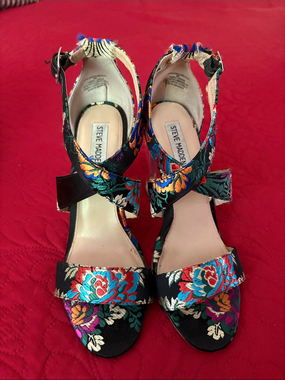 Steve Madden Multicolor Floral Embroidered Strappy Heels